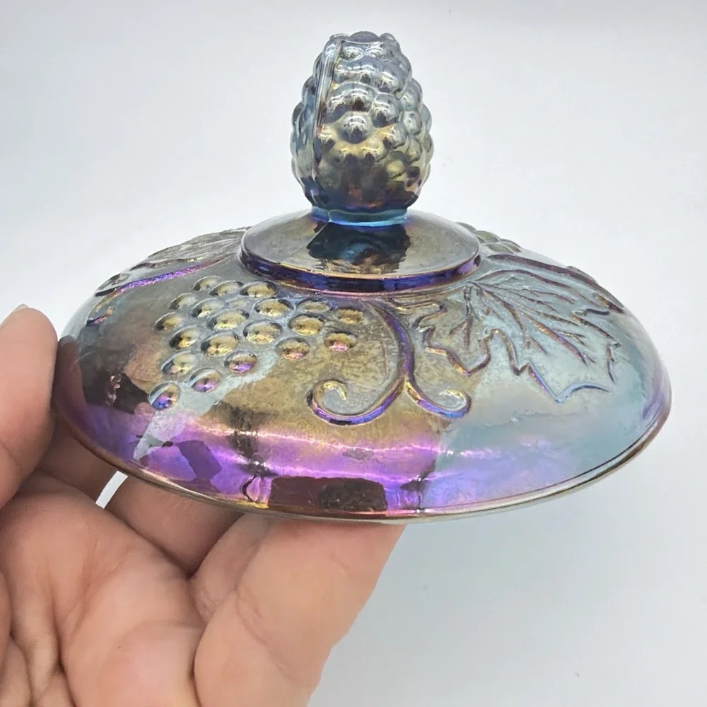 Vtg Indiana Harvest Grape Carnival Glass Covered Candy Dish Laced Pedestal Mint
